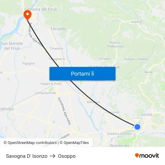 Savogna D' Isonzo to Osoppo map