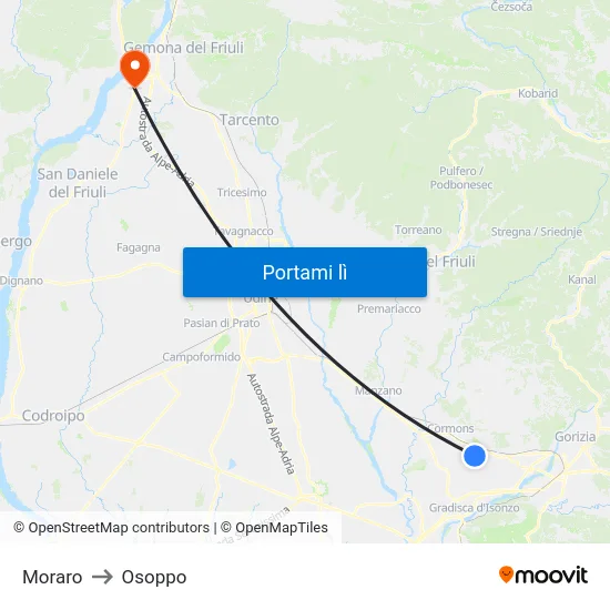 Moraro to Osoppo map