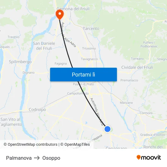 Palmanova to Osoppo map