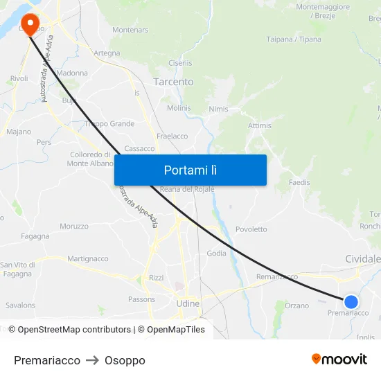 Premariacco to Osoppo map