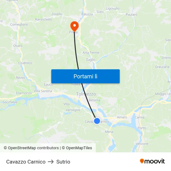 Cavazzo Carnico to Sutrio map