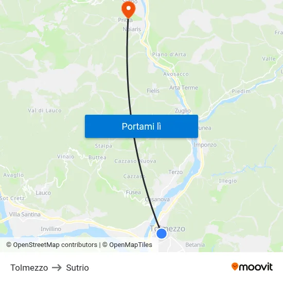 Tolmezzo to Sutrio map