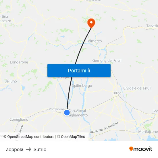 Zoppola to Sutrio map