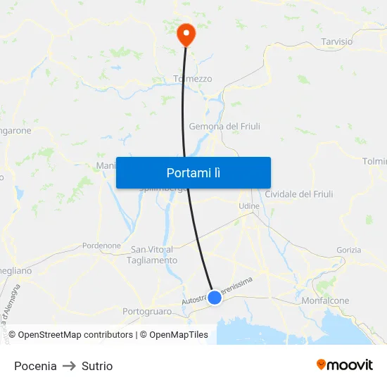 Pocenia to Sutrio map