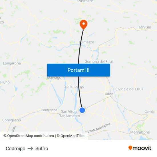 Codroipo to Sutrio map