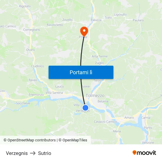 Verzegnis to Sutrio map