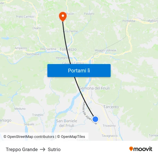 Treppo Grande to Sutrio map