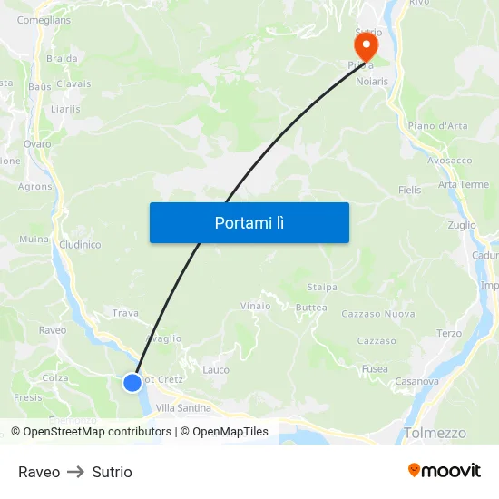 Raveo to Sutrio map