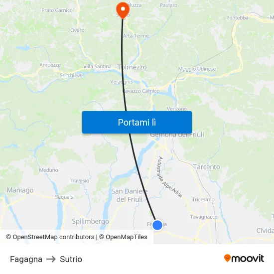 Fagagna to Sutrio map