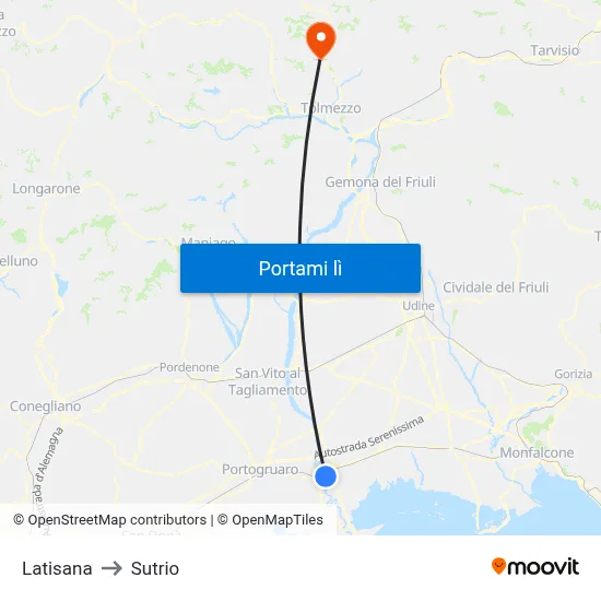 Latisana to Sutrio map