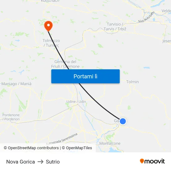 Nova Gorica to Sutrio map