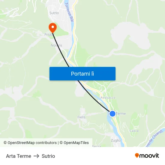 Arta Terme to Sutrio map