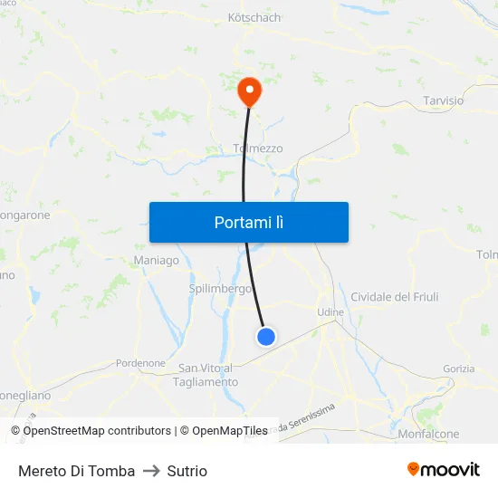 Mereto Di Tomba to Sutrio map