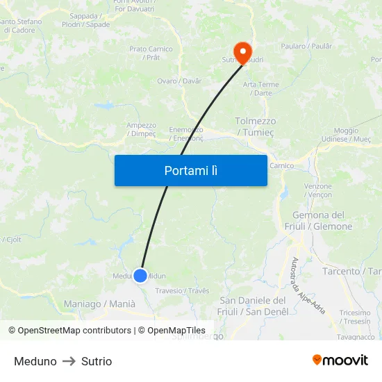 Meduno to Sutrio map