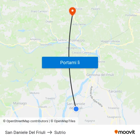 San Daniele Del Friuli to Sutrio map