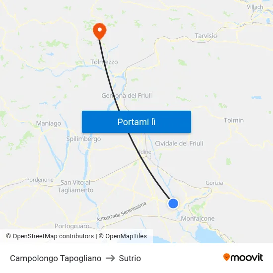 Campolongo Tapogliano to Sutrio map