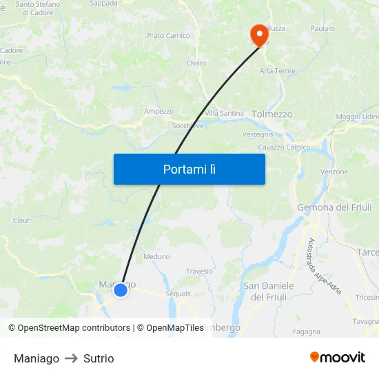 Maniago to Sutrio map