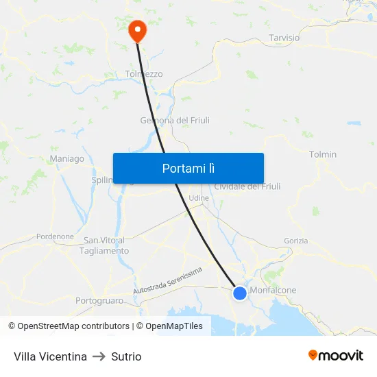 Villa Vicentina to Sutrio map