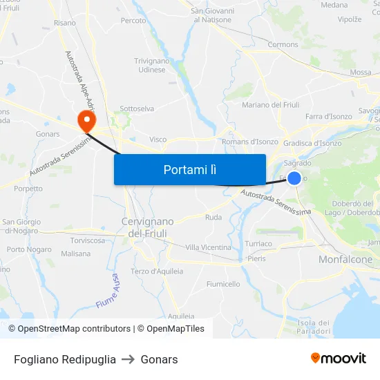 Fogliano Redipuglia to Gonars map