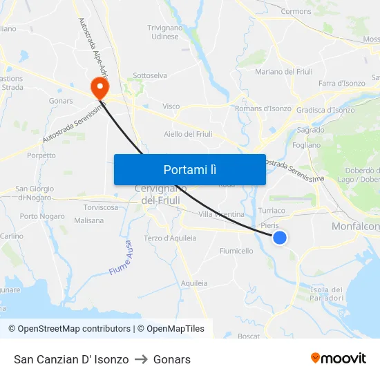 San Canzian D' Isonzo to Gonars map