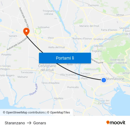Staranzano to Gonars map