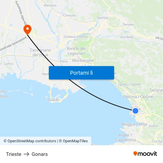 Trieste to Gonars map