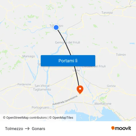 Tolmezzo to Gonars map