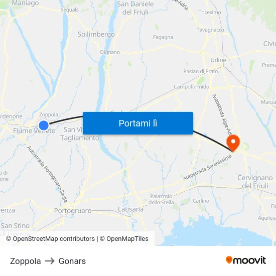 Zoppola to Gonars map