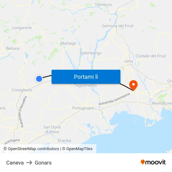 Caneva to Gonars map