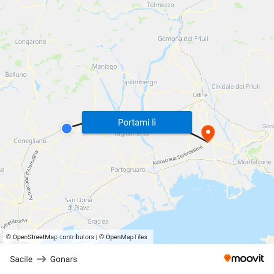 Sacile to Gonars map