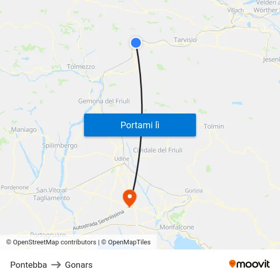 Pontebba to Gonars map