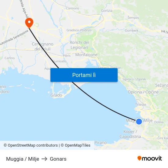 Muggia / Milje to Gonars map