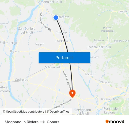 Magnano In Riviera to Gonars map