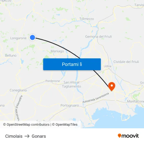 Cimolais to Gonars map