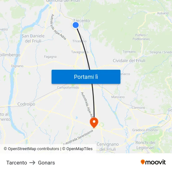 Tarcento to Gonars map