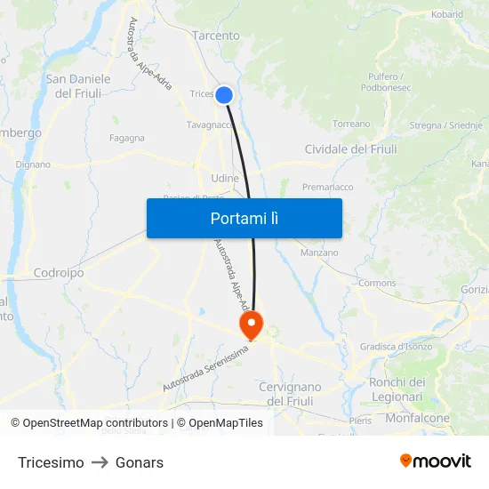 Tricesimo to Gonars map