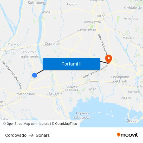 Cordovado to Gonars map