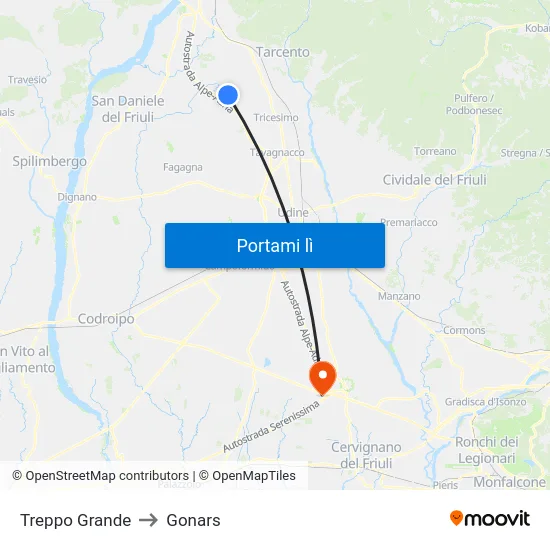 Treppo Grande to Gonars map