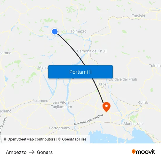 Ampezzo to Gonars map