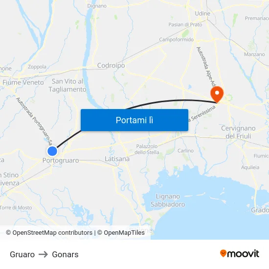 Gruaro to Gonars map