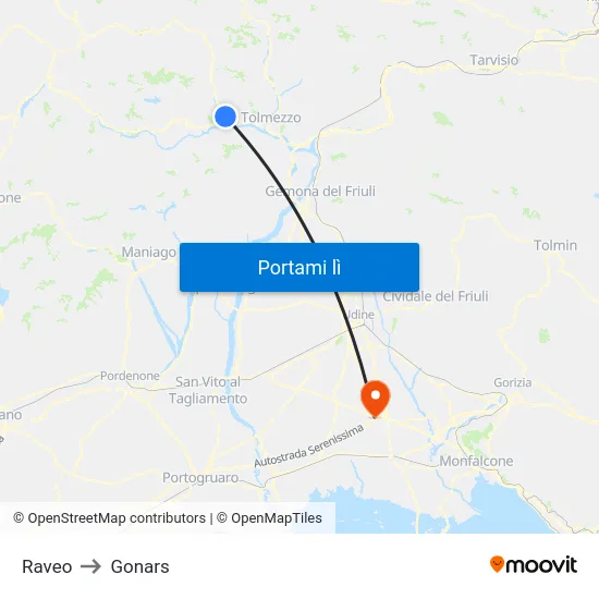 Raveo to Gonars map