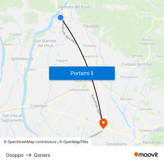Osoppo to Gonars map