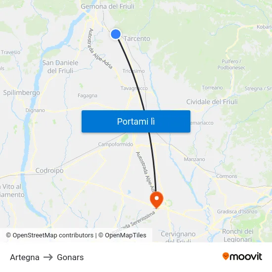 Artegna to Gonars map