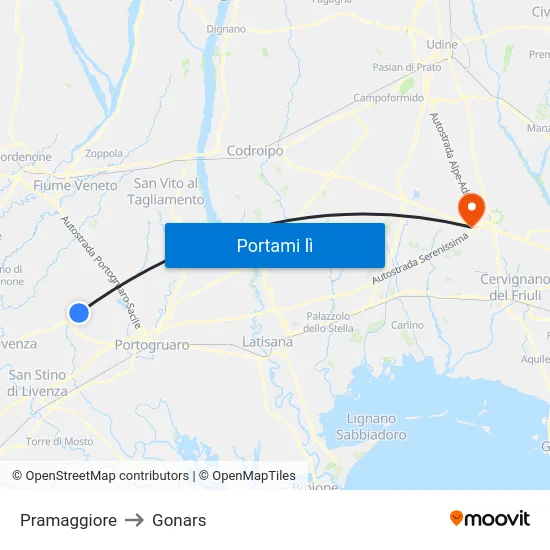 Pramaggiore to Gonars map