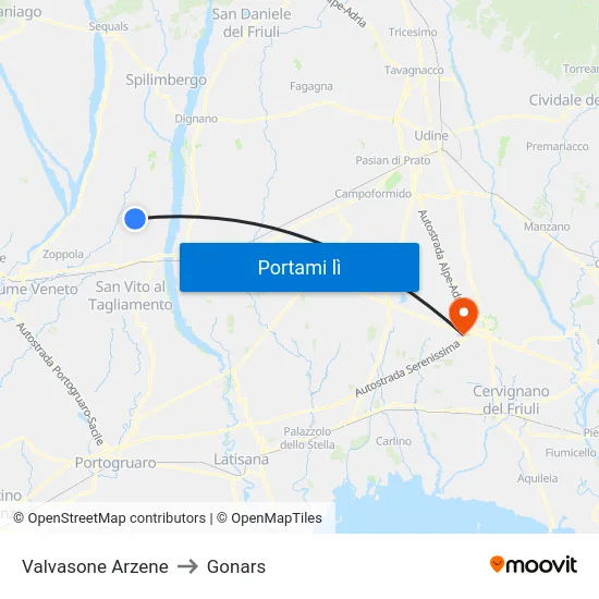 Valvasone Arzene to Gonars map