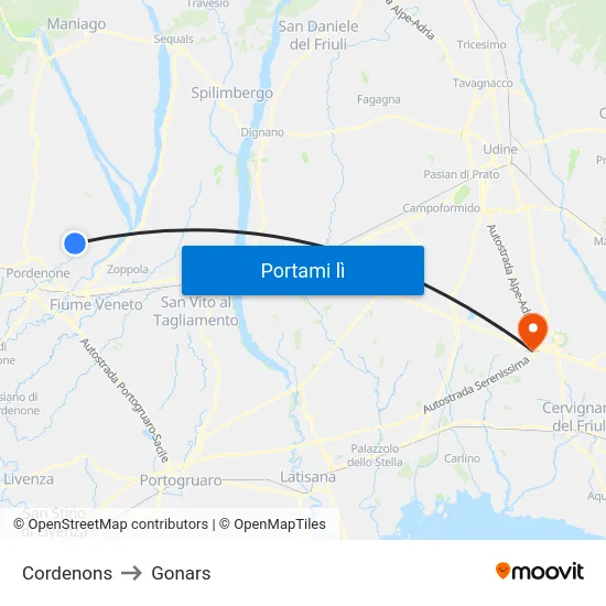 Cordenons to Gonars map
