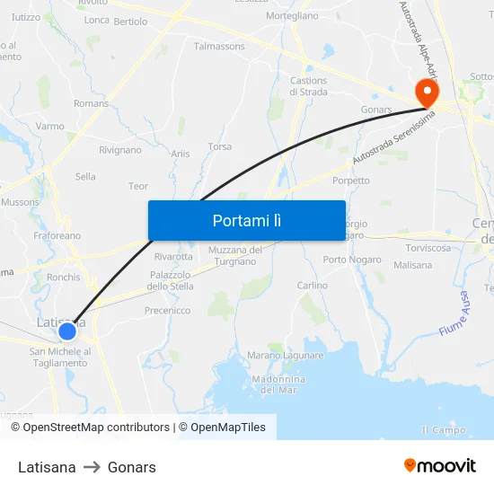 Latisana to Gonars map