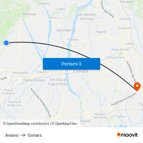 Aviano to Gonars map