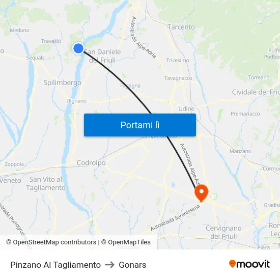 Pinzano Al Tagliamento to Gonars map