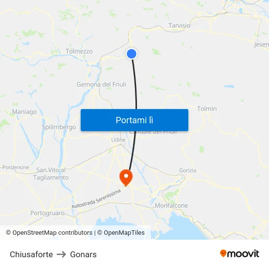 Chiusaforte to Gonars map